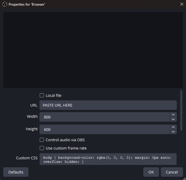 Browser source settings in OBS